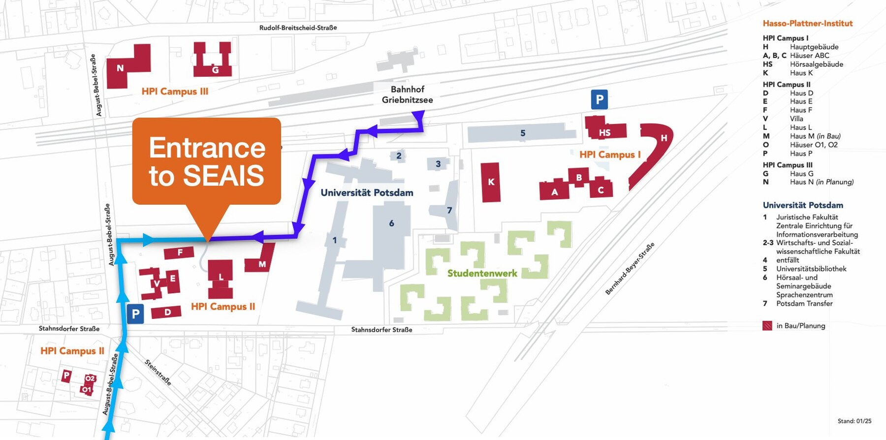 Campus map: the entrance to SEAIS is on the north side of HPI Campus II, marked with arrows from Bahnhof Griebnitzsee and from August-Bebel-Straße to House L